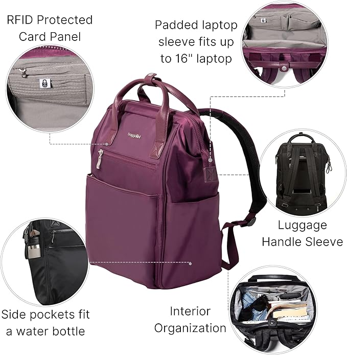 Baggallini Soho Backpack - Travel Laptop Backpack for Women - Lightweight Water-Resistant Luggage Bag, Mulberry