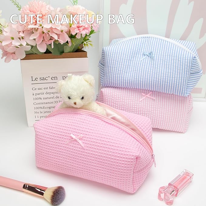 PAZIMIIK 2PCS Cozy Makeup Bag Travel Cosmetic Bag for Women Soft Toiletry Bag Aesthetic Makeup Organizer Portable Large Zipper Pouch for Skincare Beauty Accessories Brushes Walffle Check Pink