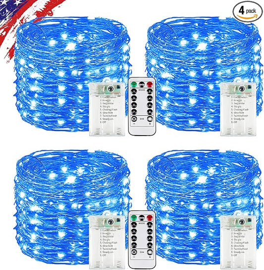 4 Pack Blue Fairy Lights Battery Operated with Remote, Waterproof 20FT 60LED Cuttable Twinkle Lights with Timer Indoor Outdoor, String Light for Bedroom, Classroom, Wedding, DIY, Christmas Décor