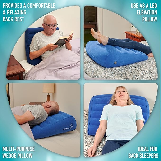 Circa Air Inflatable Wedge Pillow for Traveling - Travel Wedge Pillows for Sleeping in Bed, Acid Reflux, Sleep Apnea, Snoring for Back, Leg Elevation - Blow up Knee Pillow