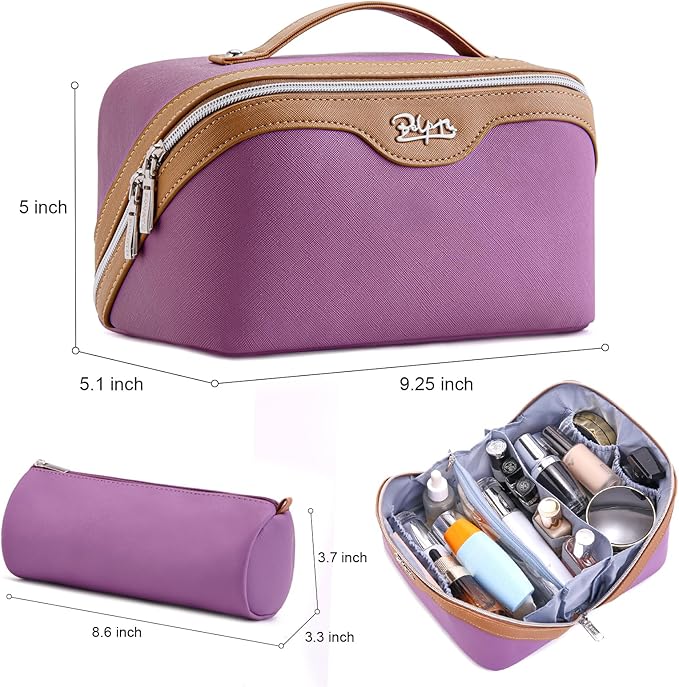 BOYATU Travel Makeup Bag Organizer Cosmetic Bag: 3 Pcs Set Make up Bags for Women with Handle - Waterproof Vegan Leather Toiletry Bags Travel Essentials Pouch with Compartments (A-05-Purple)