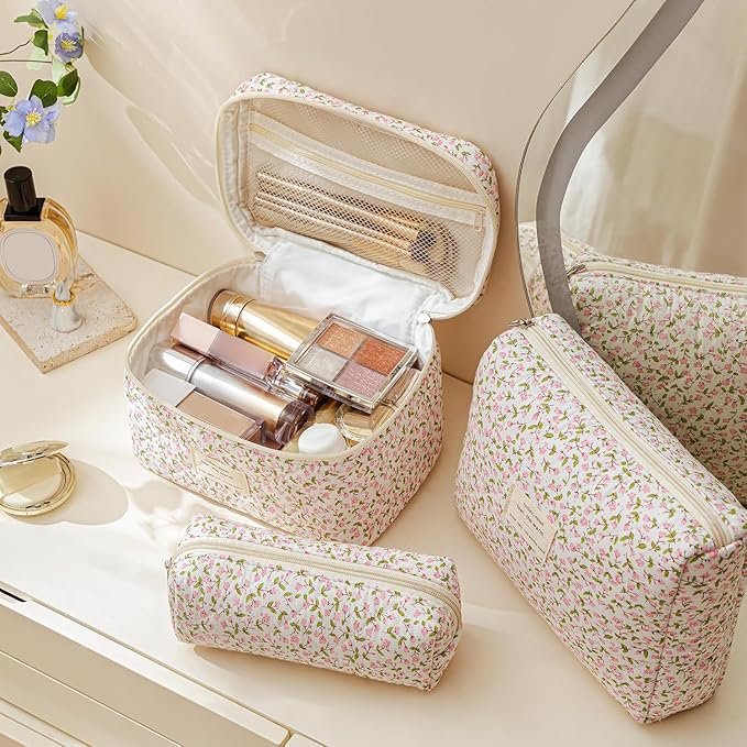 HBselect Quilted Makeup Bag, 3PCS Cotton Large Travel Makeup Bag, Cute Floral Coquette Make up Bag Cosmetic Bag Toiletry Bag for Women Girls