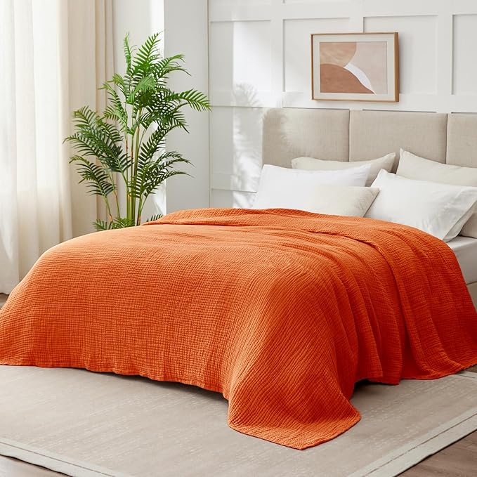 100% Cotton Muslin Blanket King 108" x 90", 6 Layers Breathable and Lightweight Cotton Throw Blankets for Bed, Soft Cooling Summer Gauze Blanket for Adults All Season, Orange