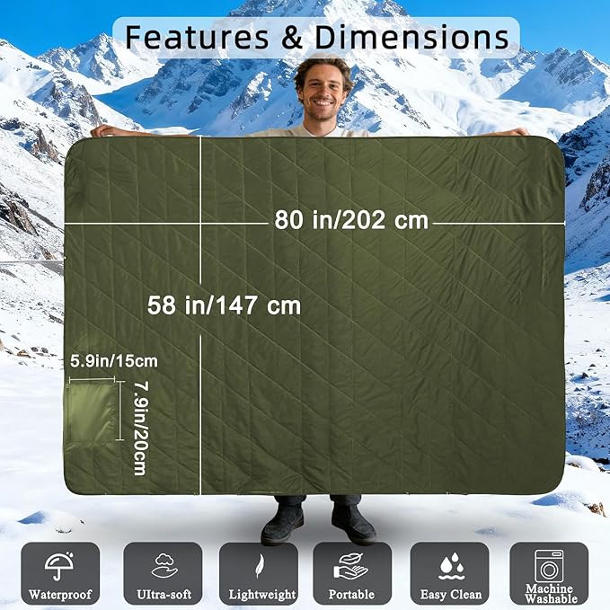 Large Waterproof Outdoor Camping Blanket, 80 x 58 inch Fleece Picnic Blankets Windproof Travel Stadium Blanket for Beaches Pets Car Camp Picnic Mat for Both Cold & Warm Weather