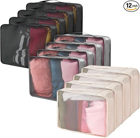Silkfly 12 Pcs Packing Cubes for Suitcase Travel Luggage Bags Bulk Mesh Organizer Set for Hiking Camping Backpacking Clothes Accessories(Black,Gray,Beige)