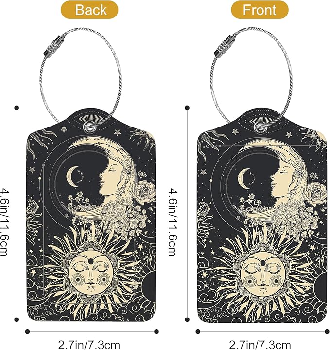 2Pack Luggage Tags for Suitcases, Cute Unique Pu Leather Cruise Luggage Tag with Privacy Cover ID Label Address Card and Metal Ring Suitable for Women Men Kids Travel Bag Sun, Moon, Face and Flower