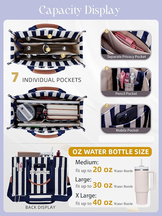 FIORETTO Canvas Tote Bag for Women with Zipper Closure & Individual Compartments for Work College for Teacher & Nurse
