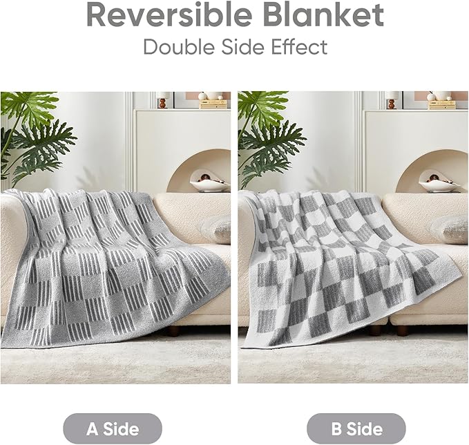Snuggle Sac Checkered Throw Blanket for Couch,Reversible Soft Cozy Fluffy Blankets for Sofa Bedroom,Cute Lightweight Striped Throws for Women,Heather Light Grey,50x60 inches