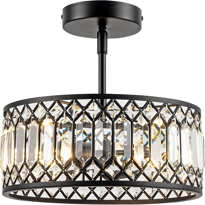 Rpzloila 3-Light Crystal Ceiling Light, Modern Semi Flush Mount Light Fixture, Black Crystal Chandelier for Kitchen Bedroom Bathroom Entryway Hallway