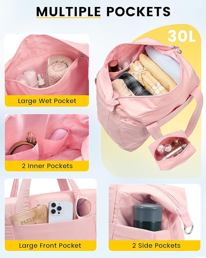 Vorspack Duffle Bag for Travel - 30L Gym Bag for Women Men Personal Item Travel Bag with Shoe Pocket Toiletry Bag Lightweight Carry On Bag for Weekender Overnight Sports - Pink
