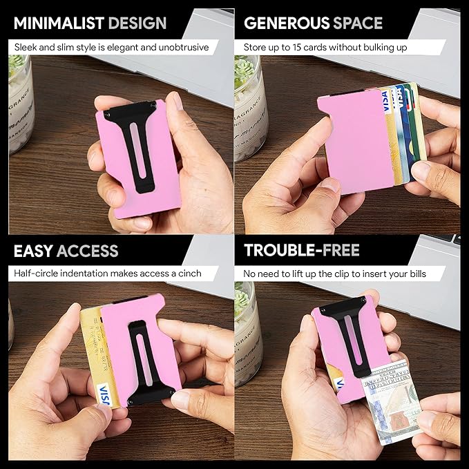 Carbon Fiber Minimalist Wallet for Men Credit Card Holder Money Clip & Cash Strap Slim RFID Mens Wallets(Matte Pink)