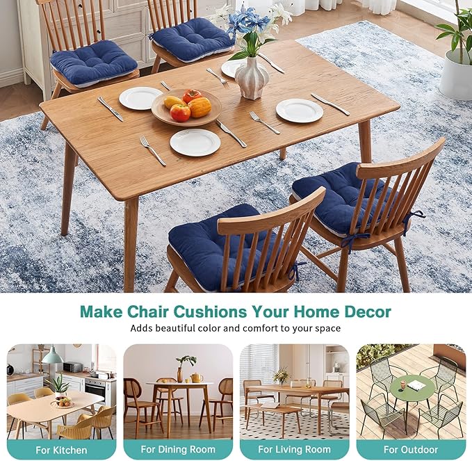 BETU Chair Cushions for Dining Chairs Set of 4,3.5" Thick Outdoor Indoor Chair Pads with Ties,Non Slip Backing and Covers, Seat Cushion for Kitchen Dining,Bar,Patio Furniture,16"X16"X3.5",Navy Blue