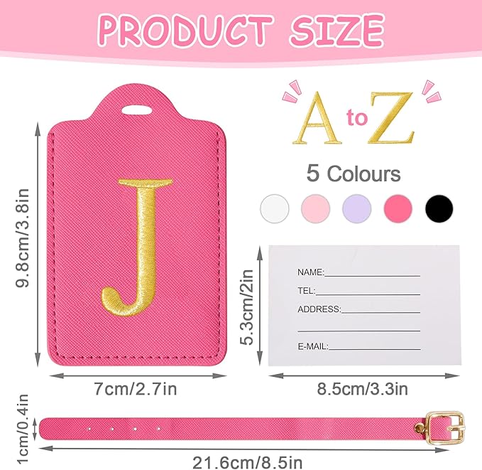 Personalized Initial Luggage Tags for Suitcases, Cute PU Leather Embroidered Letter Travel Luggage Tags, Suitcase Identifier Name Baggage Tag, Bag Tags for Men Women Kids Luggage Handbags(Rosered J)