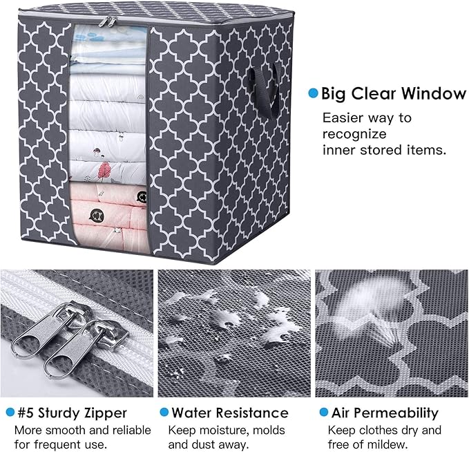 WISELIFE Storage Bags 8 Pack/100L Large Blanket Clothes Organization and Storage Containers for Comforters,Bedding, Foldable Organizer with Reinforced Handle, Clear Window, Sturdy Zippers,Gray