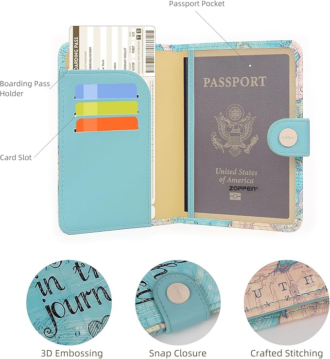 ZOPPEN Passport Holder Women, Passport Cover Travel Wallet Rfid Blocking Passport Wallet Cover Case Travel Essentials Document Organizer, Map
