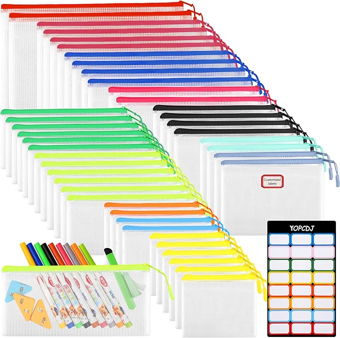 YOPCDJ 42pcs Mesh Zipper Pouch Bags, Puzzle Bag for Organizing Storage,12 Colors for Puzzles Board Game Storage, 8 Sizes for Reusable Plastic Zip Organizer for Travel