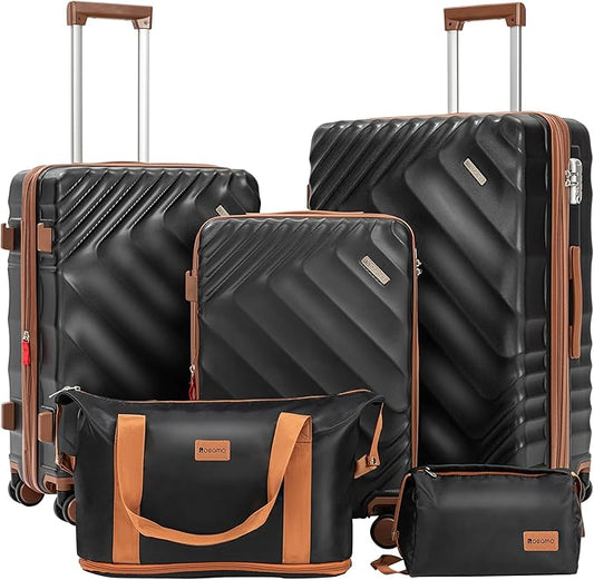 5 piece Luggage Set Expandable Suitcase 22x14x9 Airline Approved Carry on, ABS Hard Case Suitcases with Spinner Wheels, TSA Lock (Black)