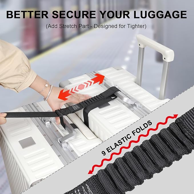 Luggage Straps, Stretchable Luggage Connector Straps for Suitcases, Metal Buckle Add A Bag Adjustable Attachment Accessories Belts (Black-All Metal Buckle, 1.25" W)