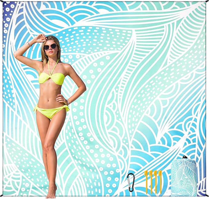 Beach Blanket Waterproof Sandproof Beach Mat for 1-8 Adults Quick Drying Durable Outdoor Picnic Mat for Beach Festival Travel Camping Hiking (Gradiant BL-Ripple, 79"×83"(4 Person))