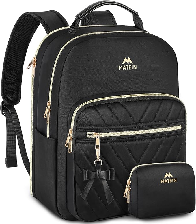 MATEIN Backpack Purse for Women, 15.6 inch Cute Stylish Waterproof Backpack Purse, Fashion Waterproof Casual Daily Shoulder Bag for College Work Travel, Gifts for Ladies, 2pcs Set, Black