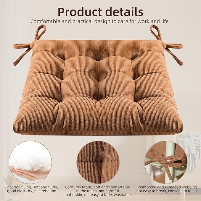 HLOVME Corduroy Chair Cushion with Ties Ultra Soft Warm Floor Cushion for Kids Reading Nook Comfortable Square Seat Cushion for Adult 15.7”x15.7”, Khaki
