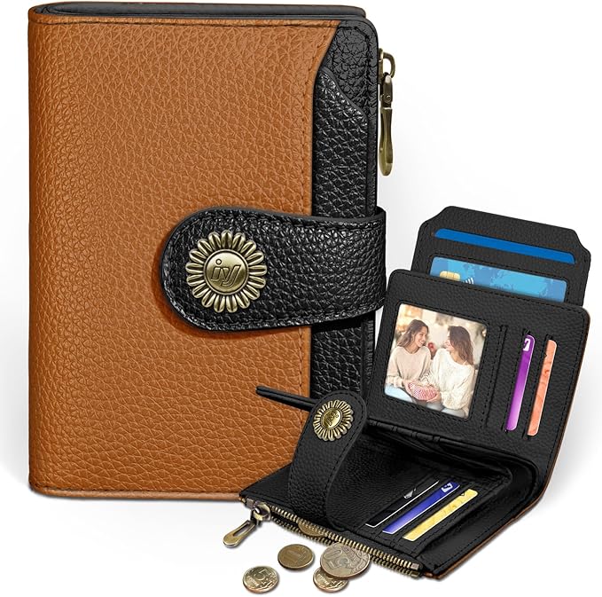 Icycay Small Wallet Women RFID Blocking Bifold, Credit Card Holder, Zipper Coin Pocket, PU Leather, Compact, Travel, 4 ID Window, 14 Card Slots, Cash Purse, Ladies Woman Female Girls