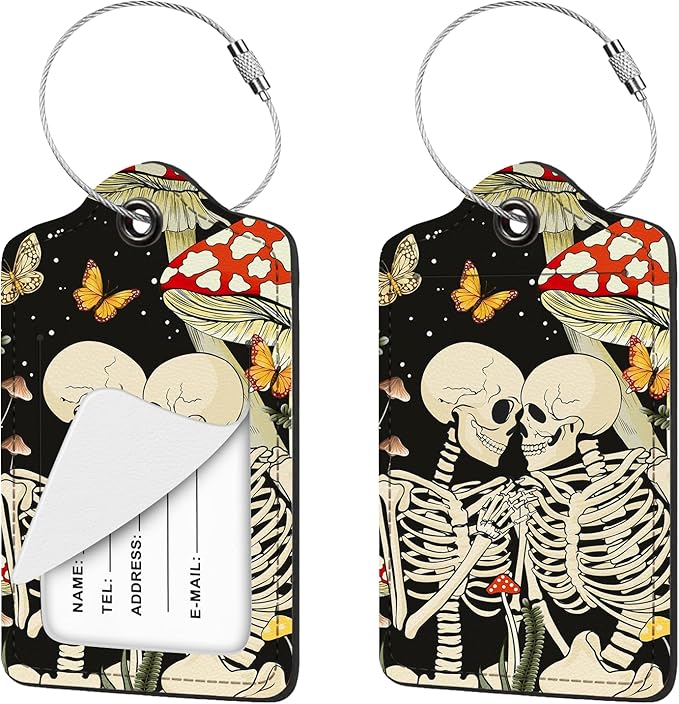 2 Pcs Luggage Tag for Suitcases, Mushroom Skull Funny Cute PU Leather Suitcase Tag Privacy Cover ID Label with Metal Loop, Personalized Baggage Identifier for Women Bag Travel Essentials