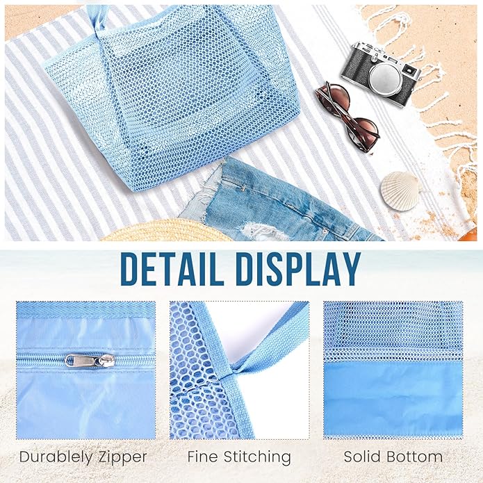 Beach Bags for Women, Summer Travel Mesh Tote Bag with Large Inner Pocket, Sandproof Woven Shoulder Handbag