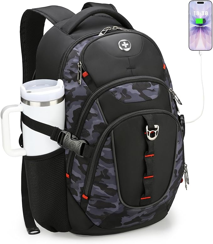 Swissdigital Design Laptop Backpack with USB Charging Port, Travel Backpack Fits 15.6 inches Computer, 31L College School Backpack for Men, Gray Camo | SD803-91