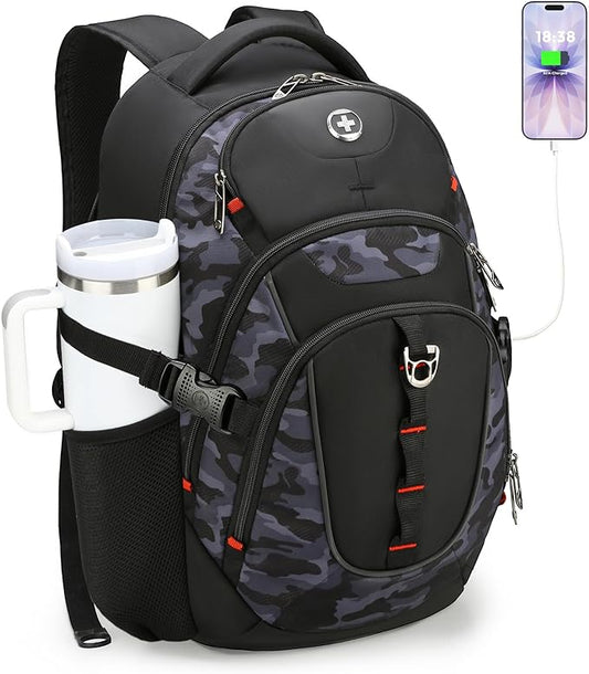 Swissdigital Design Laptop Backpack with USB Charging Port, Travel Backpack Fits 15.6 inches Computer, 31L College School Backpack for Men, Gray Camo | SD803-91
