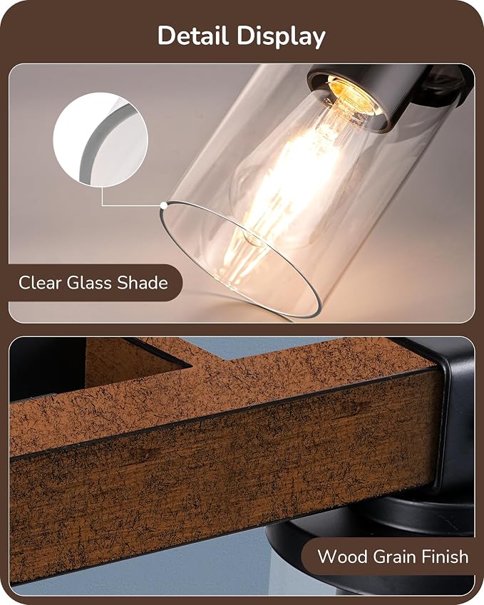 EDISHINE 2-Light Painted Wood Wall Sconces, Farmhouse Vanity Light Fixture | Clear Glass Shade, Up & Down Mounting Optional, E26 Base, Rustic Charm, Waterproof for Bedroom, Powder Room