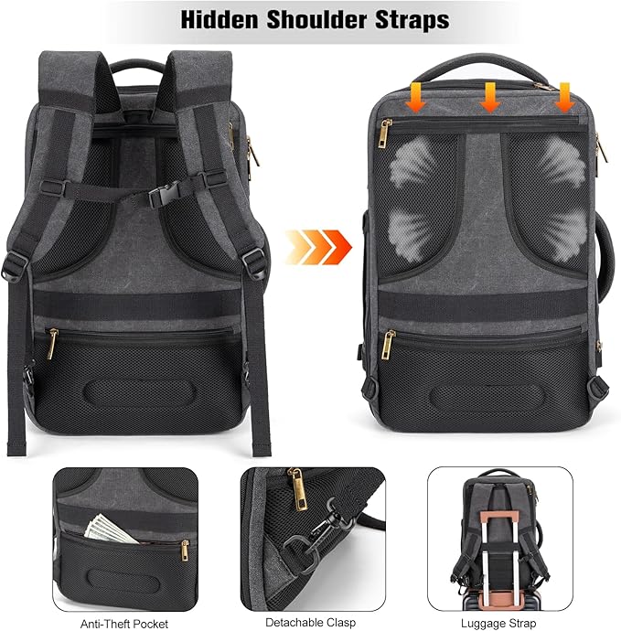Tzowla 40L Canvas Expandable Travel Laptop Backpack for Men Women Carry on Flight Approved,Large Capacity Anti Theft Backpacks,Vintage Personal Item Bag Fit 17.3" Laptop(Black & Blue)