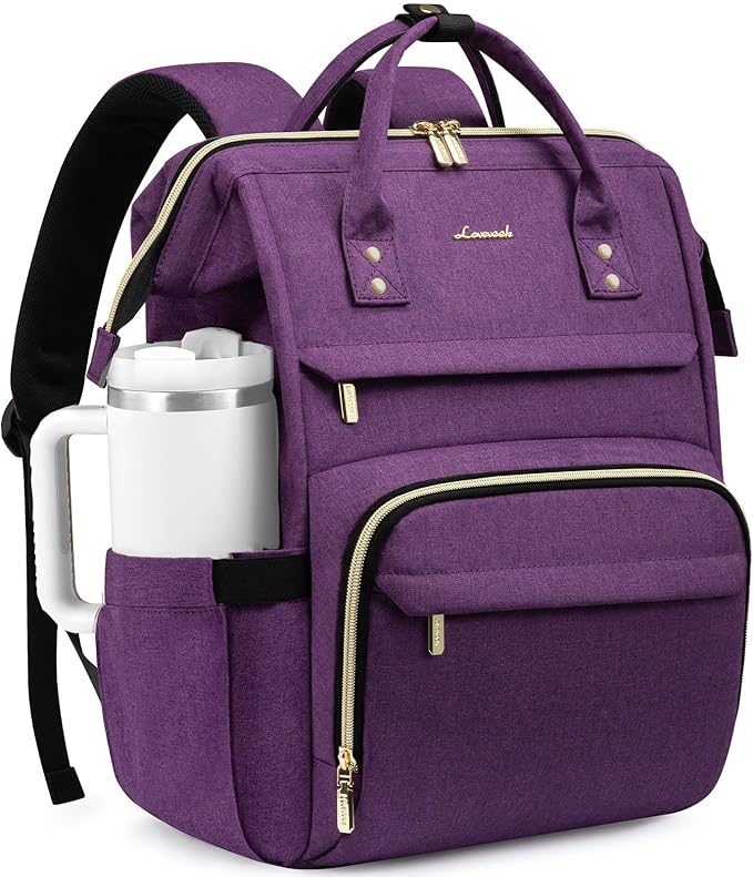 LOVEVOOK Laptop Backpack for Women with Giant Tumbler Holder Pocket,15.6 inch Waterproof Travel Backpack Purse Computer Laptop Bag,Professional Work College Nurse Teacher Backpack Daypack,Dark Purple
