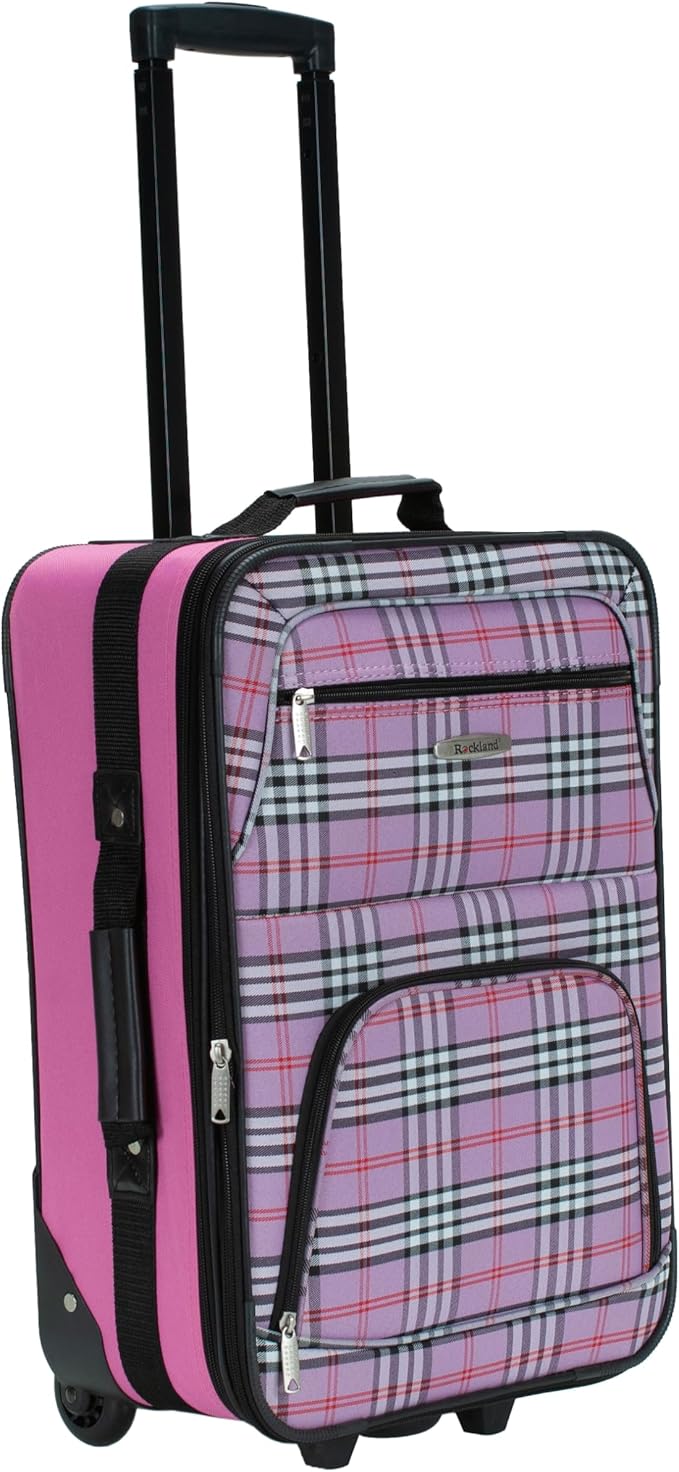 Rockland Fashion Softside Upright Luggage Set,Expandable,Lightweight,Telescopic Handle,Wheel, Pink Cross, 2-Piece Set (14/19)