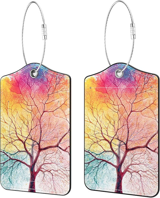 2 Pack PU Leather Luggage Tags for Suitcases, Privacy Protection Cover with Stainless Steel Loop and Address Card, Travel Cruise Essentials (Colorful Tree)