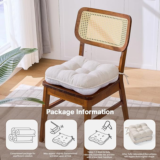 BETU Chair Cushions for Dining Chairs Set of 2,3.5" Thick Kitchen Table Chair Pads with Ties,Non Slip Backing and Covers, Seat Cushion for Dining Room,Bar,Patio Chairs,16"X16"X3.5",Beige