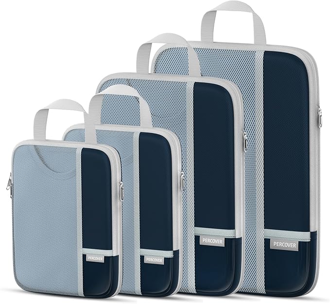 Percover Compression Packing Cubes 4-Piece Set, Packing Cubes Compression for Travel with Label Pockets, Travel Organizer for Carry On & Checked Luggage, Navy Blue