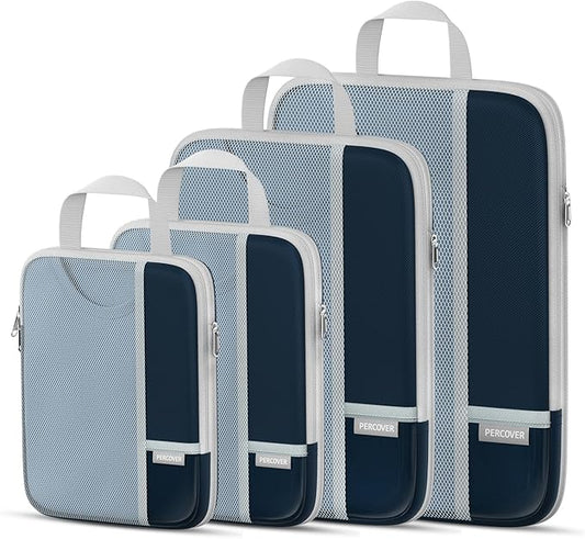 Percover Compression Packing Cubes 4-Piece Set, Packing Cubes Compression for Travel with Label Pockets, Travel Organizer for Carry On & Checked Luggage, Navy Blue