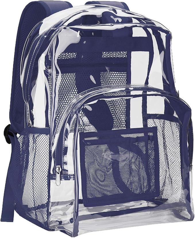 Vorspack Clear Backpack Heavy Duty PVC Transparent Backpack with Reinforced Strap Stitches & Large Capacity for College Workplace Security - Navy