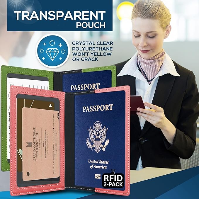 Ciana RFID Passport Holder for Travel – PU Leather Passport Cover and Card Holder for Men & Women – Slim Passport Holder with Card Protector Slot, Travel Must Haves (Pink - Lime Green)