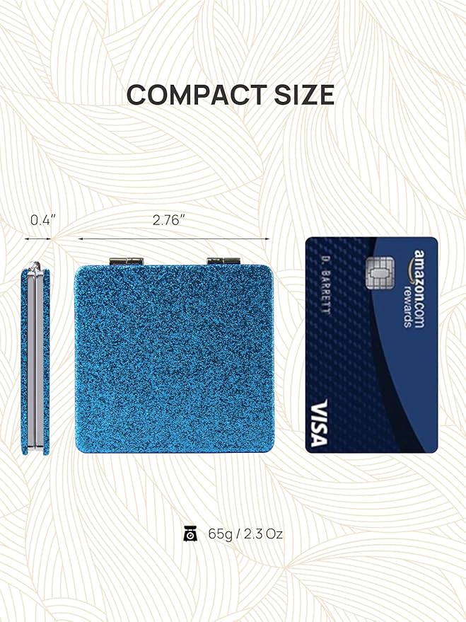 OMIRO Compact Mirror, Glitter PU 1X/3X Magnification, Ultra Portable for Purses (Blue)