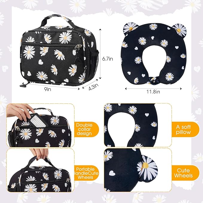 Redbaker 17 Inch 6 Pcs Kids Luggage Set Kids Rolling Luggage Double Pattern Suitcase for Boys Girls (Black, Daisy Style)