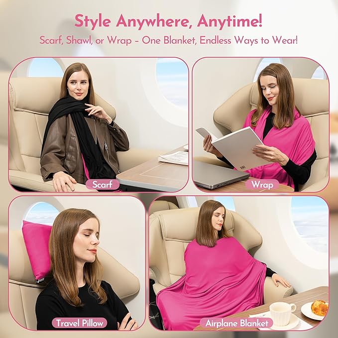 16-in-1 Compact Travel Blanket with Bag – Reversible, Ultra Soft Bamboo Airplane Blanket with Hidden Pocket – Packable for Flights & Travel Essentials (Semi-Weighted, Double Layer)