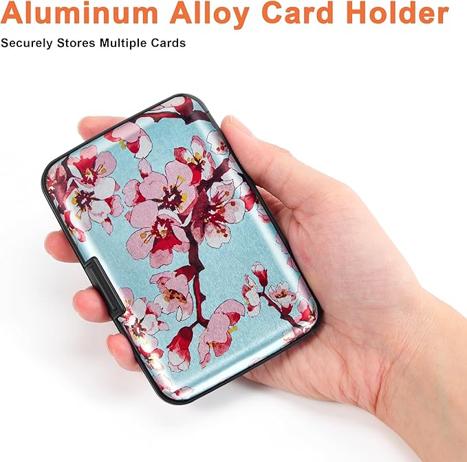 Mayski Credit Card Holder, RFID Blocking, Aluminum Alloy Hard Case, Small Mini Business Metal Wallet for Women Men, Peach Blossom