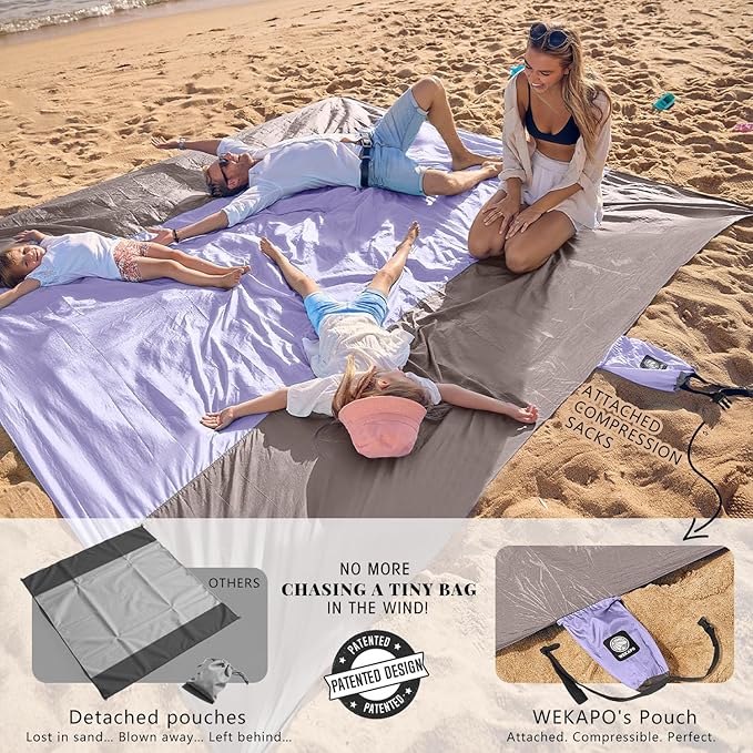 WEKAPO Beach Blanket Sandproof Waterproof, Extra Large Beach Mat, Oversized & Compact Sand Free, Quick Drying Beach Essentials for Vacation, Cruise, Picnic & Camping with Stakes