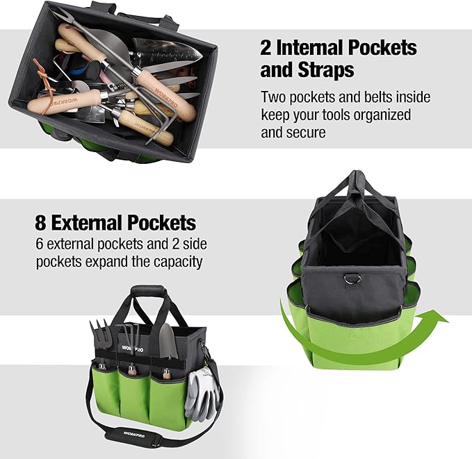 WORKPRO Garden Tool Bag Organizer, Heavy Duty Gardening Tote Bag with 10 Pockets and Long Adjustable Shoulder Strap, Standable Garden Home Tool Kits Organizer, Green (Tools are not Included)