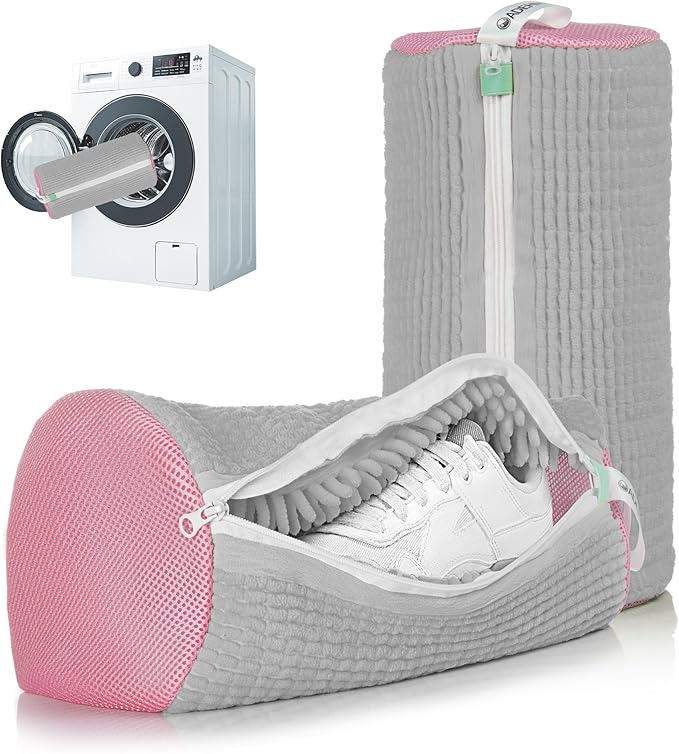2Pcs Shoe Washing Machine Bag, Sneaker Laundry Bag for Washing Machine, Extra Long and Thick Microfibre Fluff, Reusable for Washer and Dryer (2pcs, Greyish Pink)
