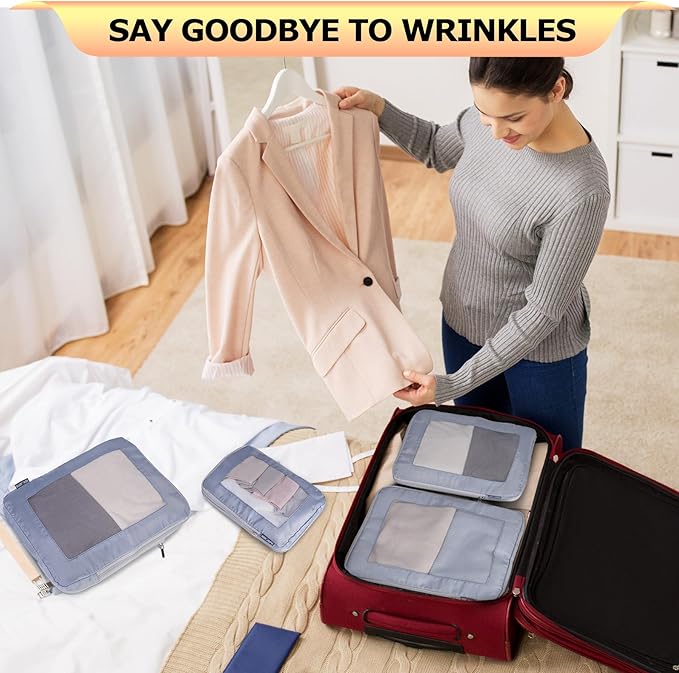 4 Set Ultralight Compression Packing Cubes Travel for Suitcases ，Compressible Mesh Packing Cubes for Travel Women Packing Organizers (Gray)