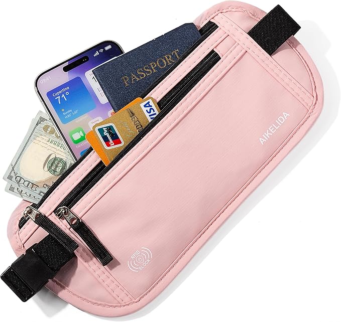 Money Belt - Slim Passport Holder RFID Blocking Travel Wallet Undercover Fanny Packs for Men Women - Pink