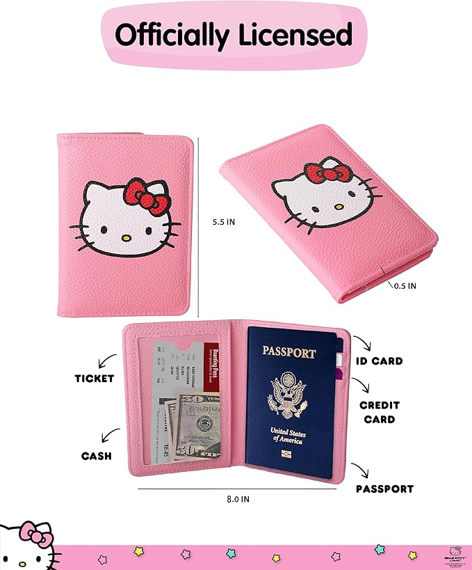 Hello Kitty Pebbled Pink Passport Holder for Travel Official License, Sanrio Passport Cover for Women